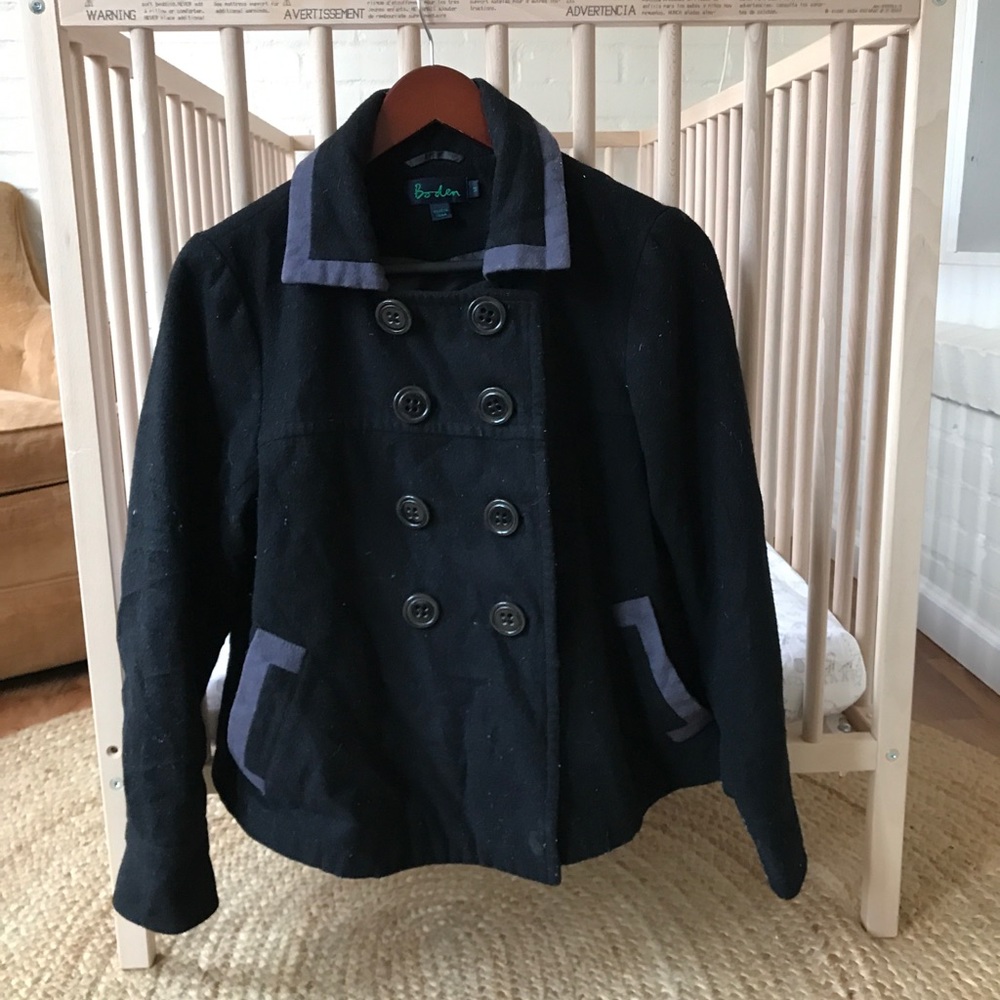 Double breasted black wool pea coat with grey trim